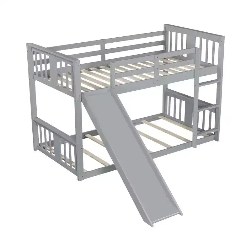 Floor Bunk Bed, Kids Bunk Beds with Guardrail Headboard and Footboard, Low Bunk Beds for Kids, Boys and Girls, Gray