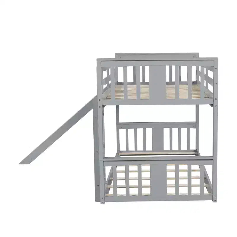 Floor Bunk Bed, Kids Bunk Beds with Guardrail Headboard and Footboard, Low Bunk Beds for Kids, Boys and Girls, Gray