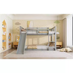 Floor Bunk Bed, Kids Bunk Beds with Guardrail Headboard and Footboard, Low Bunk Beds for Kids, Boys and Girls, Gray