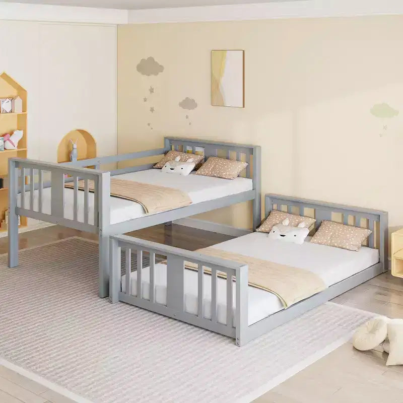 Floor Bunk Bed, Kids Bunk Beds with Guardrail Headboard and Footboard, Low Bunk Beds for Kids, Boys and Girls, Gray