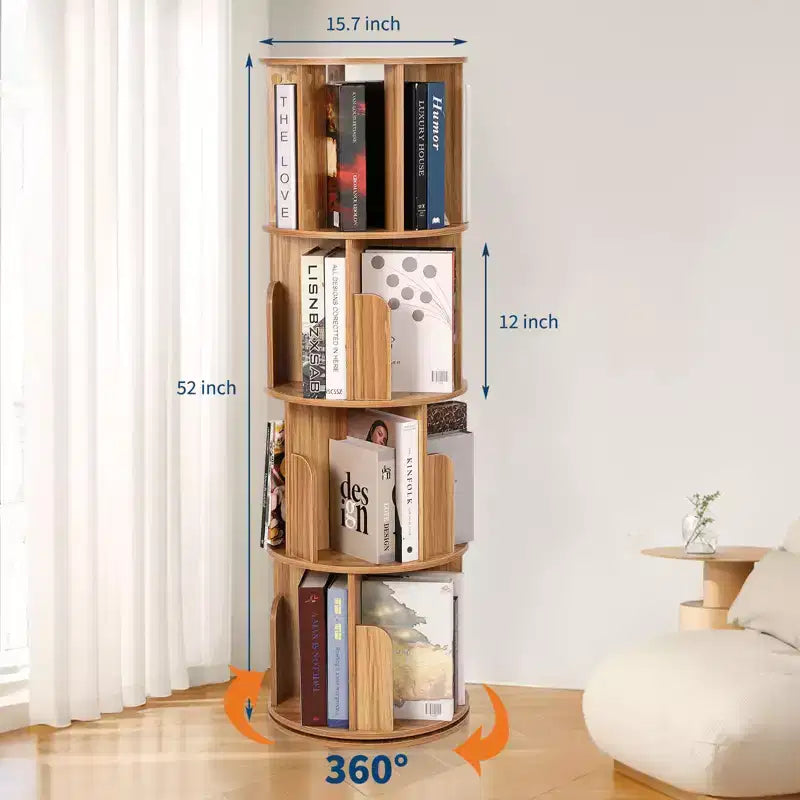 4 Tier Wooden Rotating Bookshelf, 360 Floor-Standing Bookcase and Multi-Functional Storage Organizer for Living Room, Kids, and Adults