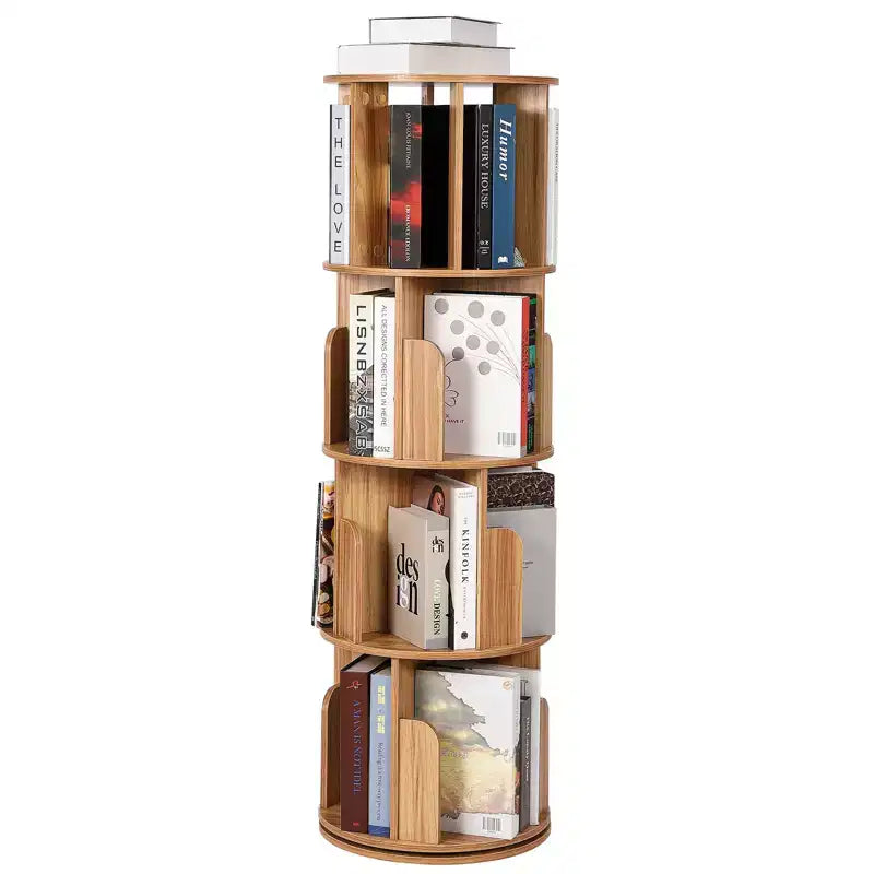 4 Tier Wooden Rotating Bookshelf, 360 Floor-Standing Bookcase and Multi-Functional Storage Organizer for Living Room, Kids, and Adults