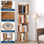 4 Tier Wooden Rotating Bookshelf, 360 Floor-Standing Bookcase and Multi-Functional Storage Organizer for Living Room, Kids, and Adults