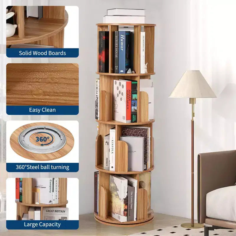 4 Tier Wooden Rotating Bookshelf, 360 Floor-Standing Bookcase and Multi-Functional Storage Organizer for Living Room, Kids, and Adults