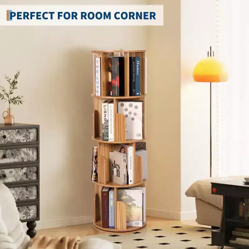 4 Tier Wooden Rotating Bookshelf, 360 Floor-Standing Bookcase and Multi-Functional Storage Organizer for Living Room, Kids, and Adults