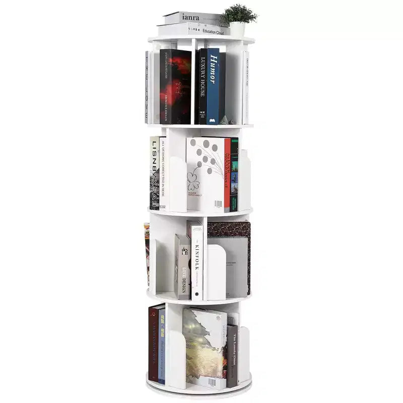 4 Tier Wooden Rotating Bookshelf, 360 Floor-Standing Bookcase and Multi-Functional Storage Organizer for Living Room, Kids, and Adults
