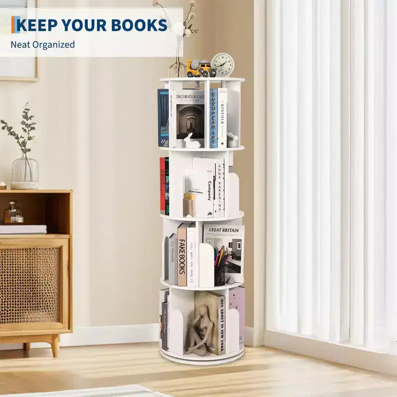 4 Tier Wooden Rotating Bookshelf, 360 Floor-Standing Bookcase and Multi-Functional Storage Organizer for Living Room, Kids, and Adults