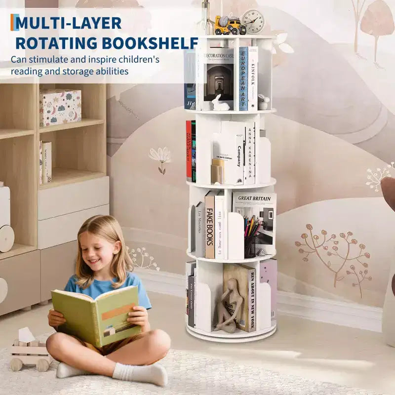 4 Tier Wooden Rotating Bookshelf, 360 Floor-Standing Bookcase and Multi-Functional Storage Organizer for Living Room, Kids, and Adults