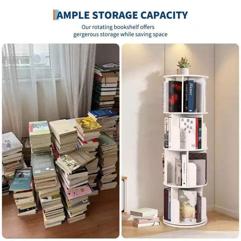4 Tier Wooden Rotating Bookshelf, 360 Floor-Standing Bookcase and Multi-Functional Storage Organizer for Living Room, Kids, and Adults