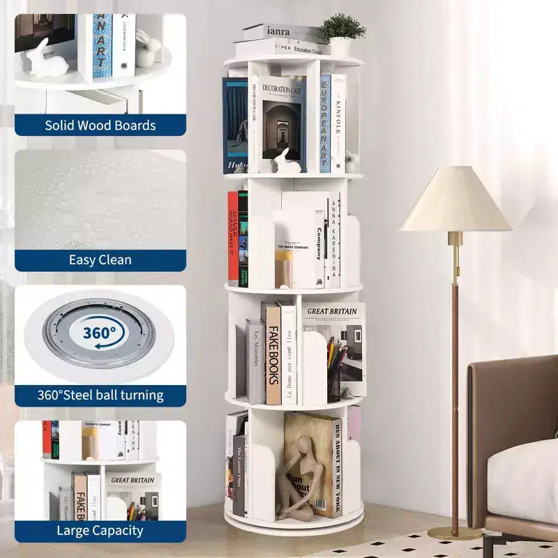 4 Tier Wooden Rotating Bookshelf, 360 Floor-Standing Bookcase and Multi-Functional Storage Organizer for Living Room, Kids, and Adults