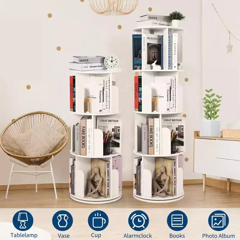 4 Tier Wooden Rotating Bookshelf, 360 Floor-Standing Bookcase and Multi-Functional Storage Organizer for Living Room, Kids, and Adults