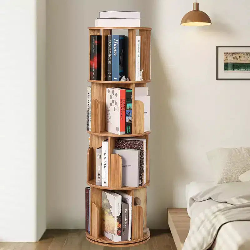 4 Tier Wooden Rotating Bookshelf, 360 Floor-Standing Bookcase and Multi-Functional Storage Organizer for Living Room, Kids, and Adults