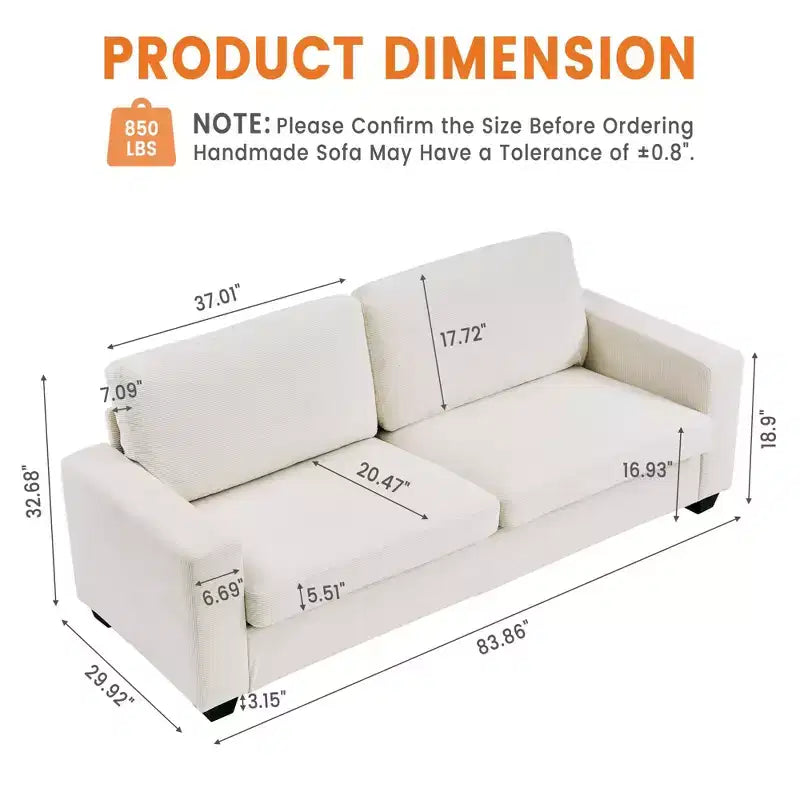 84 Cloud Couch with Deep Seat, 3-Seater Corduroy Couches, Modern Upholstered Sofa with Wide Armrests for Living Room, Beige