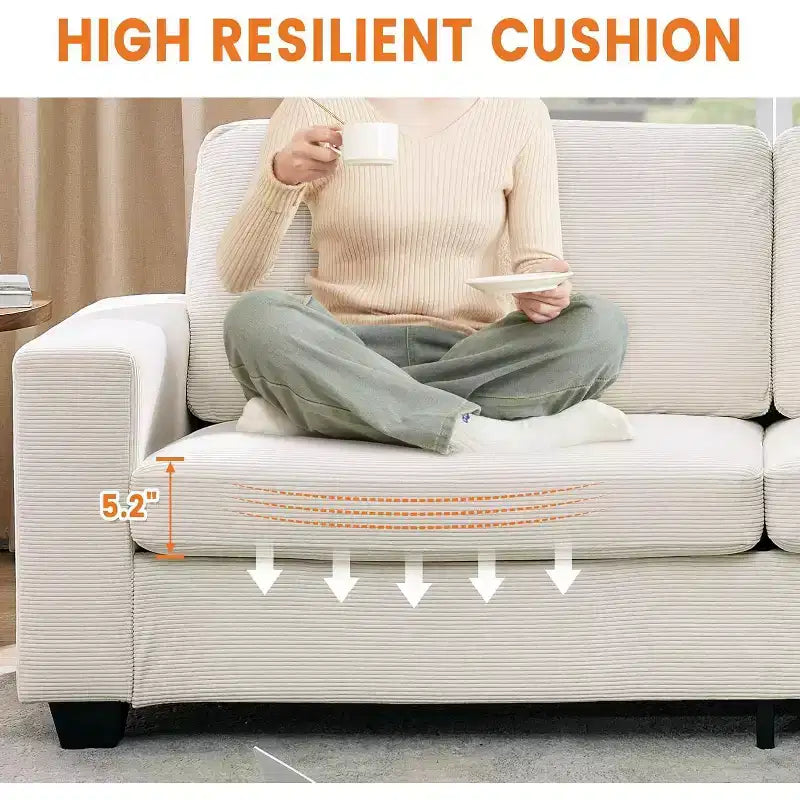 84 Cloud Couch with Deep Seat, 3-Seater Corduroy Couches, Modern Upholstered Sofa with Wide Armrests for Living Room, Beige