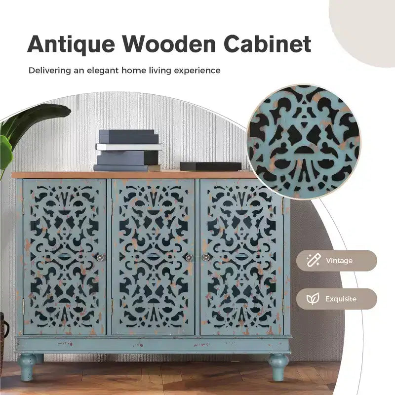 Distressed Hollow-carved Accent Storage Sideboard Buffet Cabinet with Solid Wood Legs for Living Room Entryway Foyer