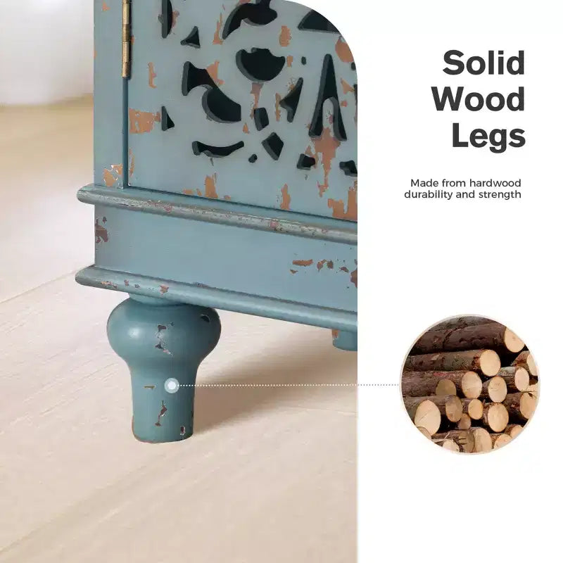 Distressed Hollow-carved Accent Storage Sideboard Buffet Cabinet with Solid Wood Legs for Living Room Entryway Foyer