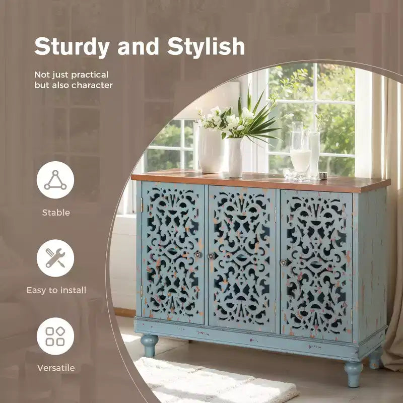 Distressed Hollow-carved Accent Storage Sideboard Buffet Cabinet with Solid Wood Legs for Living Room Entryway Foyer