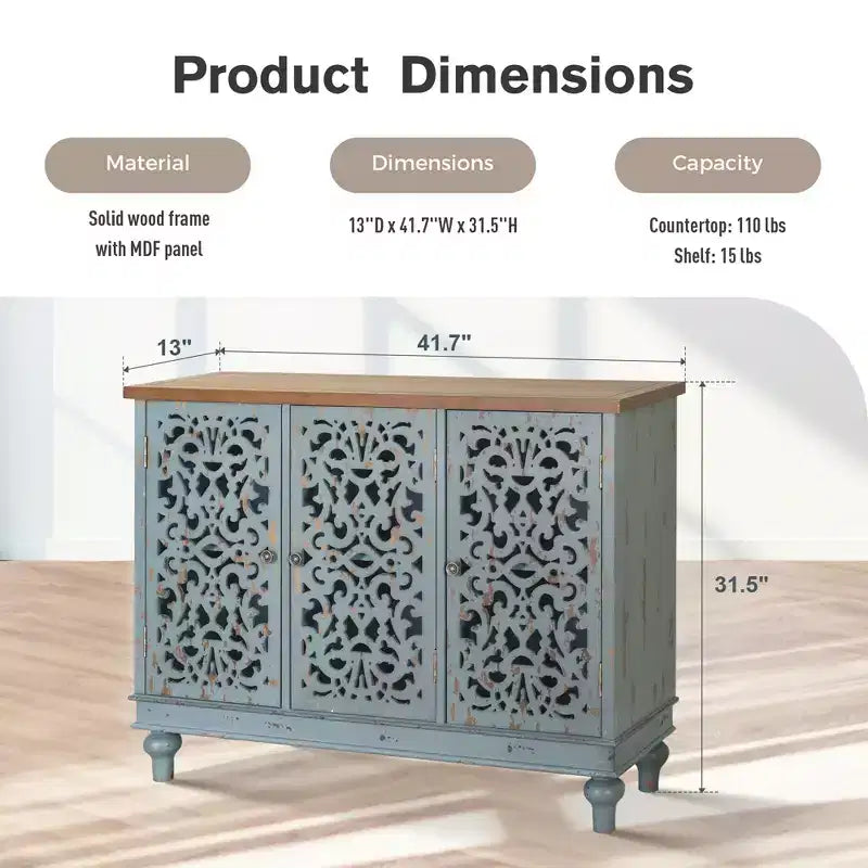 Distressed Hollow-carved Accent Storage Sideboard Buffet Cabinet with Solid Wood Legs for Living Room Entryway Foyer