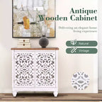 Distressed Hollow-carved Accent Storage Sideboard Buffet Cabinet with Solid Wood Legs for Living Room Entryway Foyer