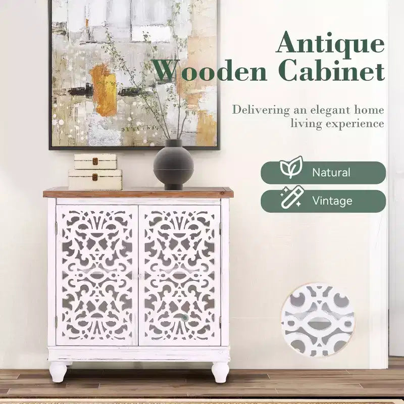 Distressed Hollow-carved Accent Storage Sideboard Buffet Cabinet with Solid Wood Legs for Living Room Entryway Foyer
