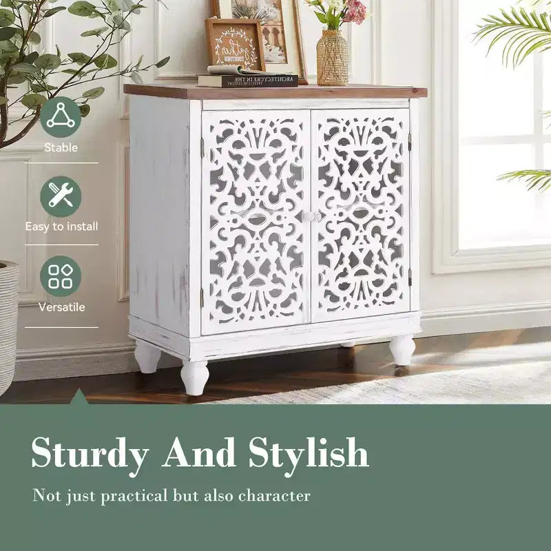 Distressed Hollow-carved Accent Storage Sideboard Buffet Cabinet with Solid Wood Legs for Living Room Entryway Foyer