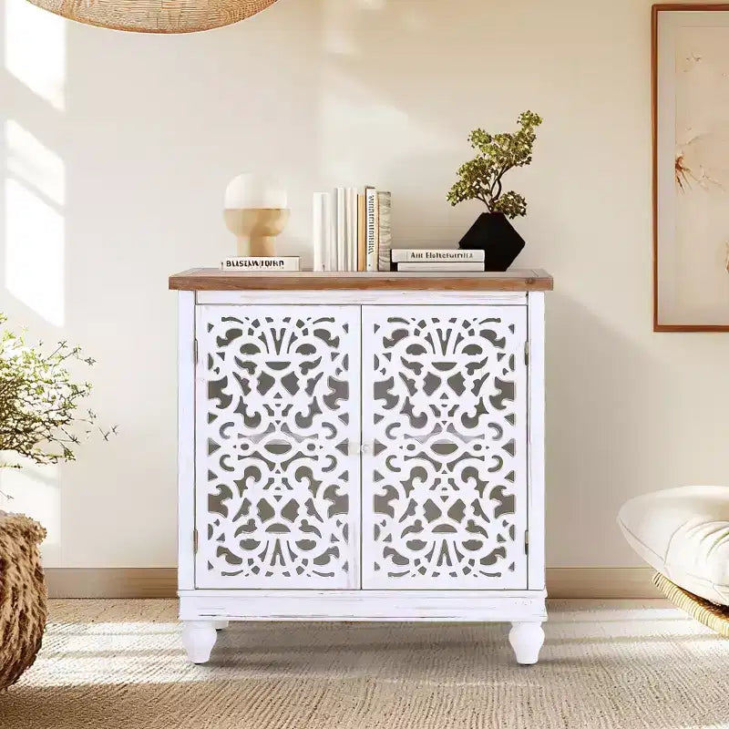Distressed Hollow-carved Accent Storage Sideboard Buffet Cabinet with Solid Wood Legs for Living Room Entryway Foyer