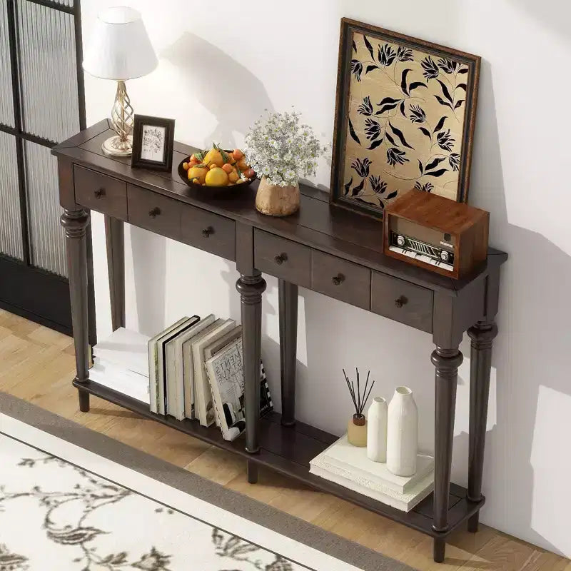 59.8IN Retro Entryway Table with 4 Drawers, Narrow Console Table with Open Shelves, Hallway Table for Living Room, Foyer, Espresso
