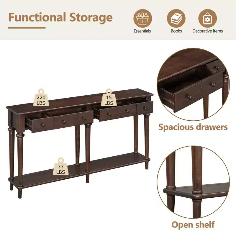59.8IN Retro Entryway Table with 4 Drawers, Narrow Console Table with Open Shelves, Hallway Table for Living Room, Foyer, Espresso