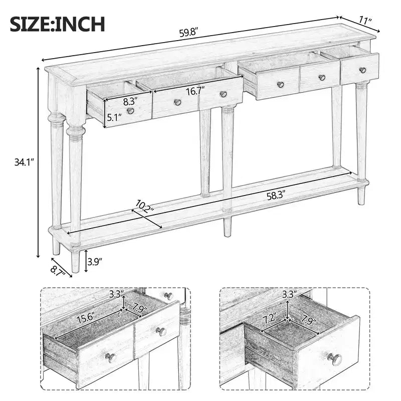 59.8IN Retro Entryway Table with 4 Drawers, Narrow Console Table with Open Shelves, Hallway Table for Living Room, Foyer, Espresso