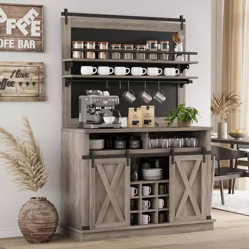 75 Tall Coffee Hutch Cabinet Large Kitchens Storage Pantry Cabinets White Coffee Bar Cabinet Cupboard with Sliding Barn Door