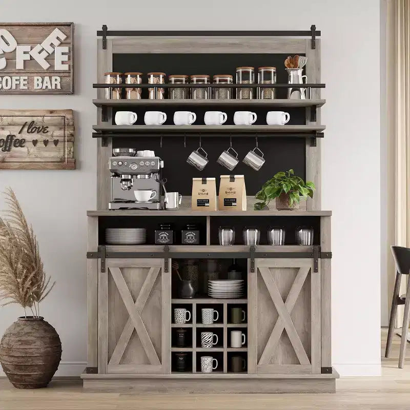 75 Tall Coffee Hutch Cabinet Large Kitchens Storage Pantry Cabinets White Coffee Bar Cabinet Cupboard with Sliding Barn Door