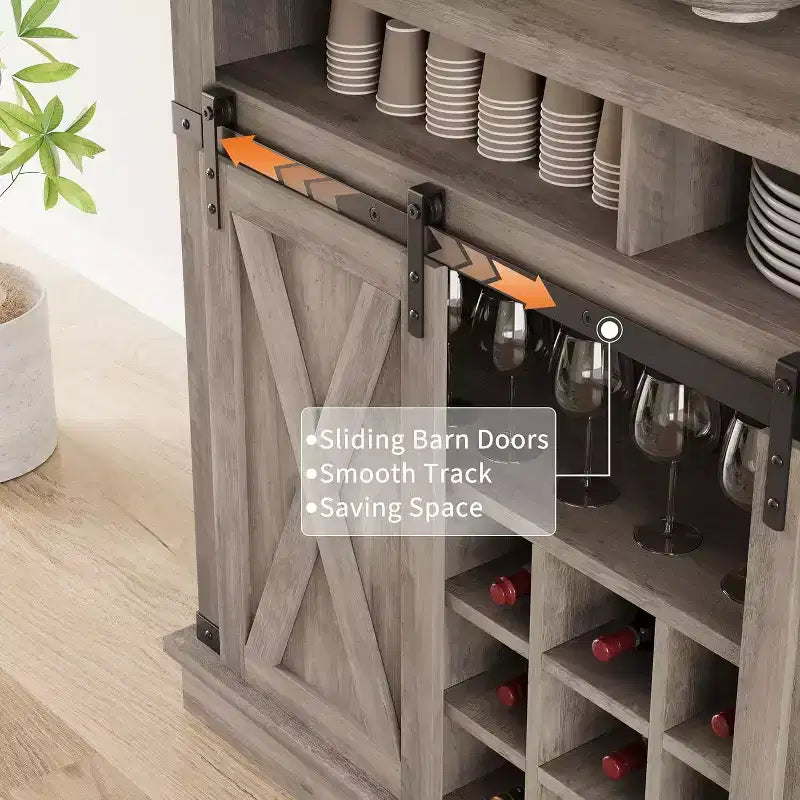 75 Tall Coffee Hutch Cabinet Large Kitchens Storage Pantry Cabinets White Coffee Bar Cabinet Cupboard with Sliding Barn Door