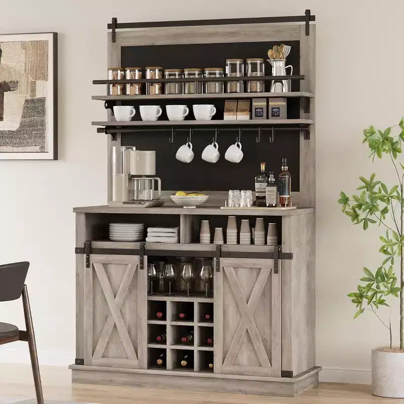 75 Tall Coffee Hutch Cabinet Large Kitchens Storage Pantry Cabinets White Coffee Bar Cabinet Cupboard with Sliding Barn Door