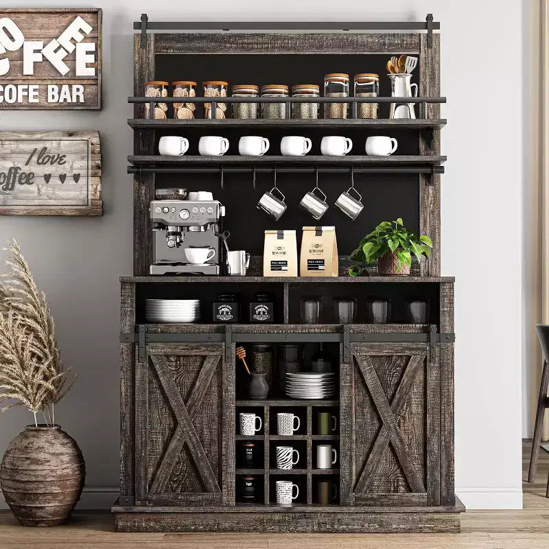 75 Tall Coffee Hutch Cabinet Large Kitchens Storage Pantry Cabinets White Coffee Bar Cabinet Cupboard with Sliding Barn Door