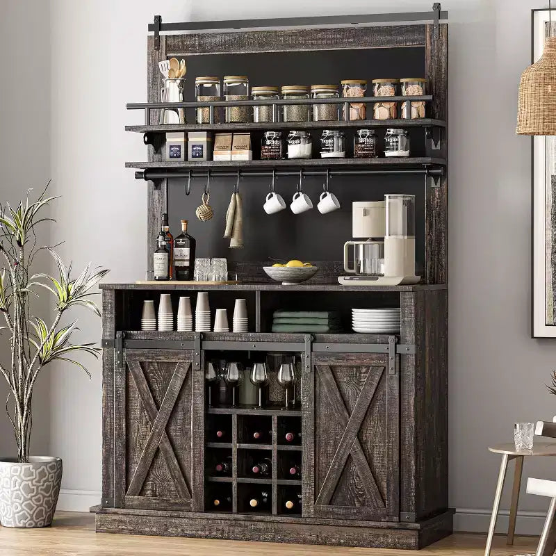 75 Tall Coffee Hutch Cabinet Large Kitchens Storage Pantry Cabinets White Coffee Bar Cabinet Cupboard with Sliding Barn Door