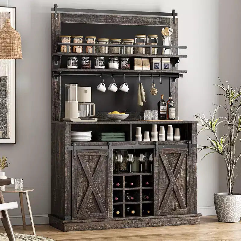 75 Tall Coffee Hutch Cabinet Large Kitchens Storage Pantry Cabinets White Coffee Bar Cabinet Cupboard with Sliding Barn Door