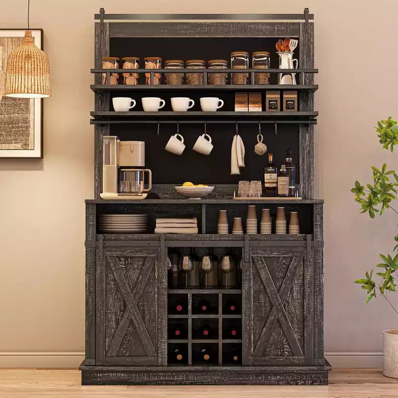 75 Tall Coffee Hutch Cabinet Large Kitchens Storage Pantry Cabinets White Coffee Bar Cabinet Cupboard with Sliding Barn Door