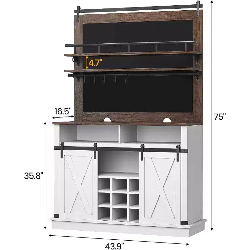 75 Tall Coffee Hutch Cabinet Large Kitchens Storage Pantry Cabinets White Coffee Bar Cabinet Cupboard with Sliding Barn Door