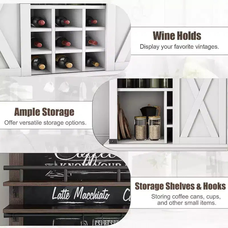 75 Tall Coffee Hutch Cabinet Large Kitchens Storage Pantry Cabinets White Coffee Bar Cabinet Cupboard with Sliding Barn Door