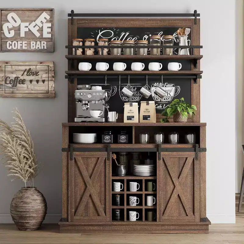 75 Tall Coffee Hutch Cabinet Large Kitchens Storage Pantry Cabinets White Coffee Bar Cabinet Cupboard with Sliding Barn Door