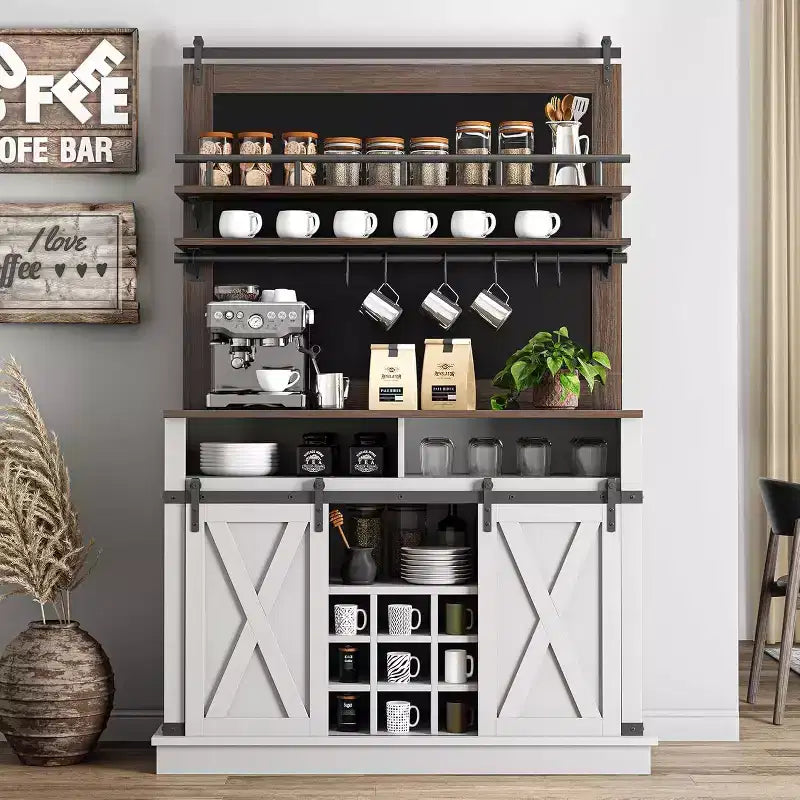 75 Tall Coffee Hutch Cabinet Large Kitchens Storage Pantry Cabinets White Coffee Bar Cabinet Cupboard with Sliding Barn Door