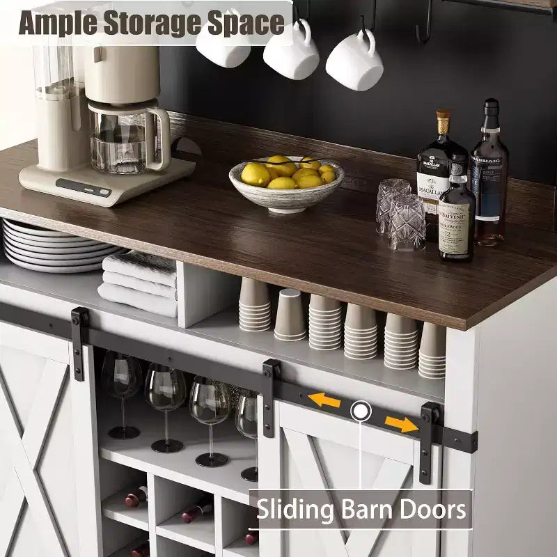 75 Tall Coffee Hutch Cabinet Large Kitchens Storage Pantry Cabinets White Coffee Bar Cabinet Cupboard with Sliding Barn Door