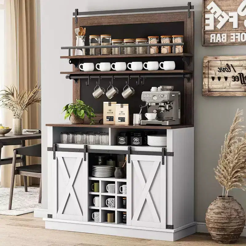 75 Tall Coffee Hutch Cabinet Large Kitchens Storage Pantry Cabinets White Coffee Bar Cabinet Cupboard with Sliding Barn Door