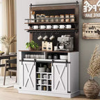75 Tall Coffee Hutch Cabinet Large Kitchens Storage Pantry Cabinets White Coffee Bar Cabinet Cupboard with Sliding Barn Door