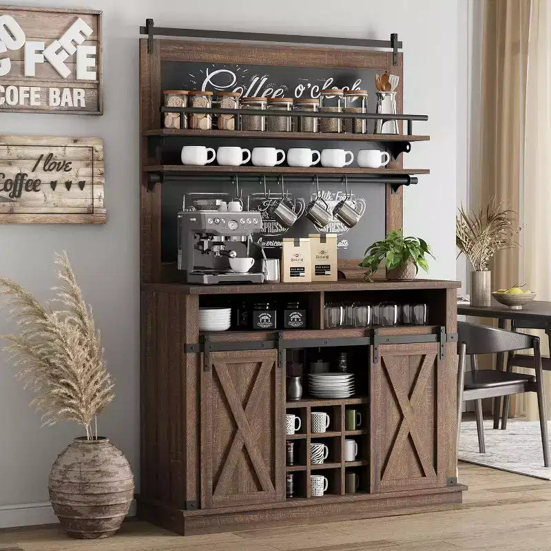75 Tall Coffee Hutch Cabinet Large Kitchens Storage Pantry Cabinets White Coffee Bar Cabinet Cupboard with Sliding Barn Door