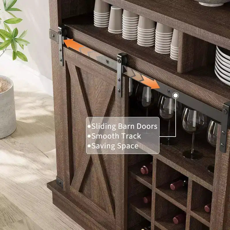 75 Tall Coffee Hutch Cabinet Large Kitchens Storage Pantry Cabinets White Coffee Bar Cabinet Cupboard with Sliding Barn Door