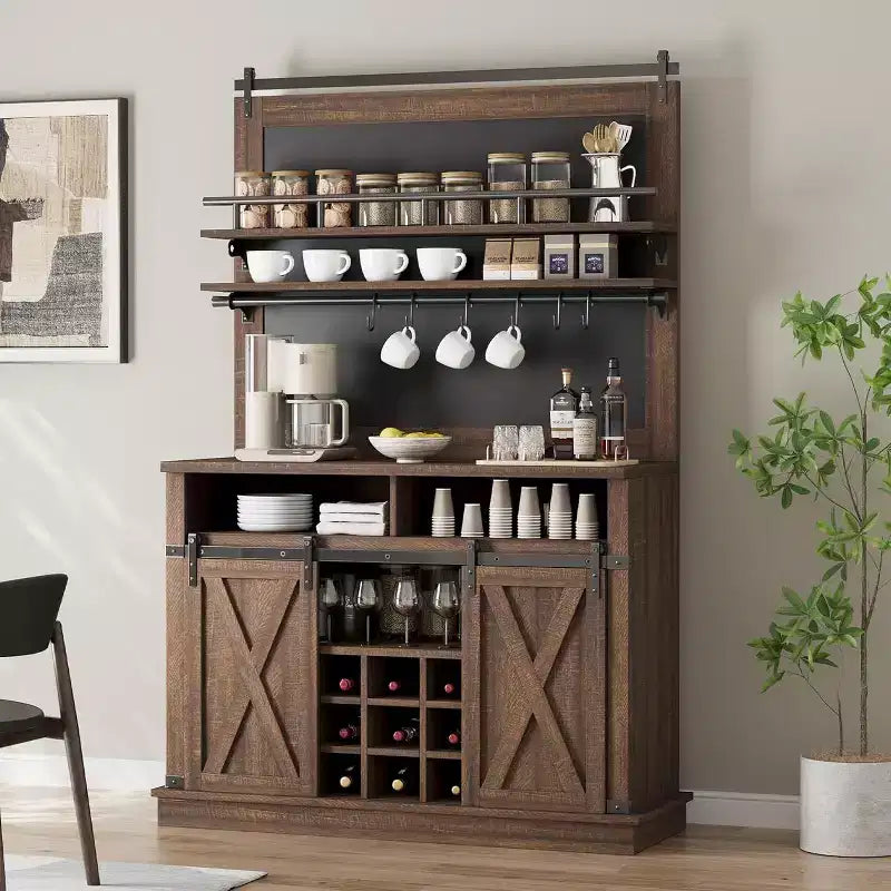 75 Tall Coffee Hutch Cabinet Large Kitchens Storage Pantry Cabinets White Coffee Bar Cabinet Cupboard with Sliding Barn Door