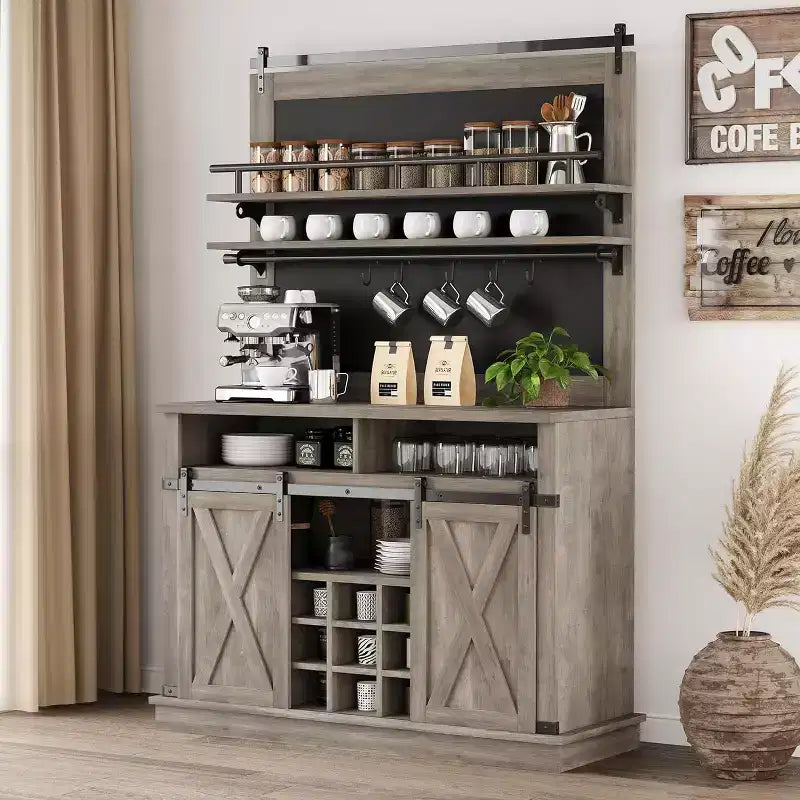75 Tall Coffee Hutch Cabinet Large Kitchens Storage Pantry Cabinets White Coffee Bar Cabinet Cupboard with Sliding Barn Door