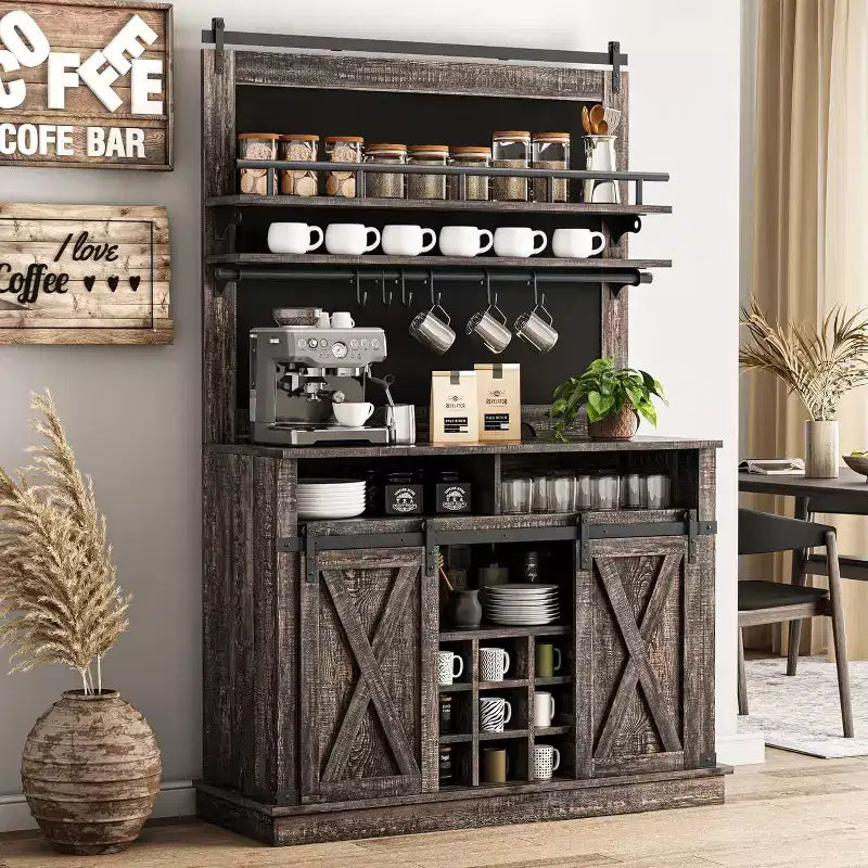75 Tall Coffee Hutch Cabinet Large Kitchens Storage Pantry Cabinets White Coffee Bar Cabinet Cupboard with Sliding Barn Door