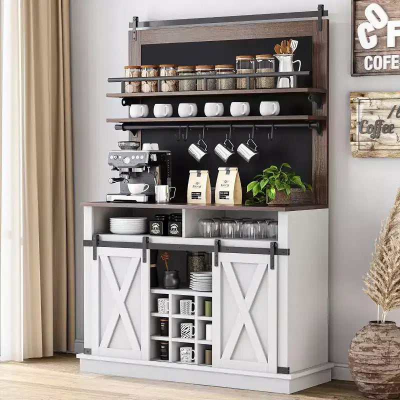 75 Tall Coffee Hutch Cabinet Large Kitchens Storage Pantry Cabinets White Coffee Bar Cabinet Cupboard with Sliding Barn Door